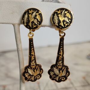 Damascene Spanish 24K Gold-Plated Black Long Dangle Clip-On Earrings
